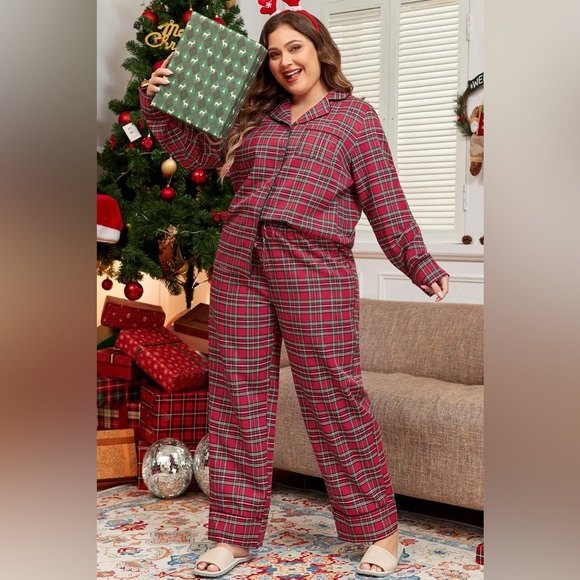 Plus Size Plaid Collared Neck Top and Pants Lounge Set